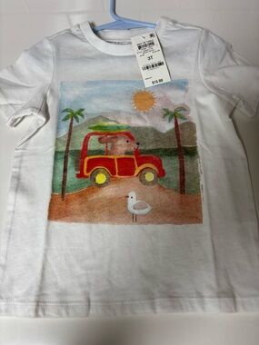 First Impressions White Tee with Red Car and Yellow Accents
